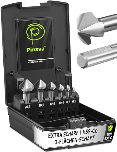 Pinava® Kegelsenker Set HSS Cobalt Pro [3-Flächen-Schaft für bombenfesten Halt] - Hochwertiger Profi Senker für Metall, Edelstahl, Kunststoff, Holz - Senkbohrer Versenker scharf 90° Ø6,3-20,5mm von Pinava