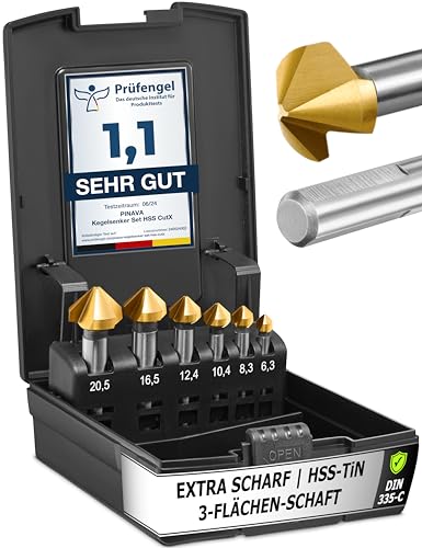 Pinava® Kegelsenker Set HSS CutX 90° [Extra Scharf | 3-Flächen-Schaft] - Präziser Senker & Entgrater für Holz, Metall, Kunststoff - Ø 6.3-20.5mm TiN Senkbohrer Versenker inkl. Box von Pinava