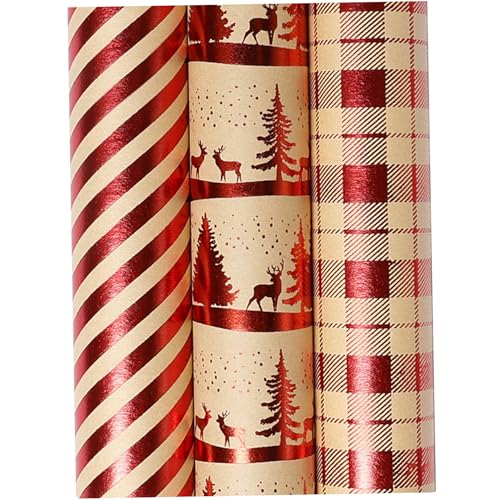 3pcs Weihnachtspapierpapier 17x118 '' Kraftpapier Weihnachtspapier mit Elch & Weihnachtsbaum Heiße Stempel Cuttable DIY Weihnachtspapier für Geschenkverpackung, Weihnachtspapier von Pineeseatile