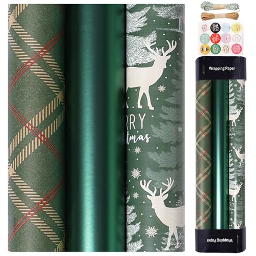 3pcs Weihnachtspapierpapier Rollen 17x118 '' Kraftpapier Weihnachtspapier mit gestreiften Plaidmustern Schneidfreies DIY -Weihnachtspapier für Geschenkverpackungen, Weihnachtspapier von Pineeseatile