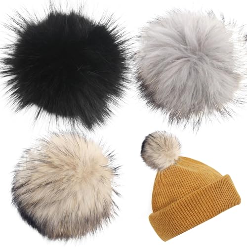 3pcs pompoms für Hüte, 6 Zoll Waschbär Haar Pom Poms Ball mit Knopf, wiederverwendbare weiche flauschige Pompons für Hüte Schlüsselanhänger Schals Handschuhe Taschen Stricken Accessoires, Pompons für von Pineeseatile