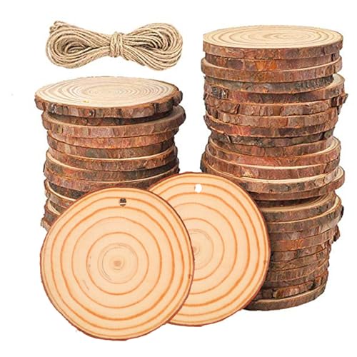 Holzscheiben Holzscheiben 50pcs 2,8-3,3 Zoll Weihnachtsblockscheiben unvollendete vorgeschaltete Holzscheiben rund DIY-Holzkreise mit Schnur für Weihnachtskunsthandwerksvorräte von Pineeseatile