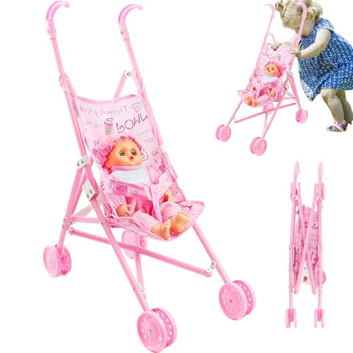 Puppe mit Kinderwagen Babypuppen Kinderwagen Set, Faltbare tragbare Puppenwagen mit Puppe, niedliche Möglichkeitenbabypuppe mit großen Augen und tragbaren Kleidung, Puppenwagen für Kleinkin von Pineeseatile