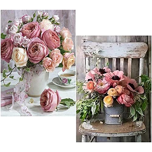 Pinenuts Diamant Malerei Kits, 2 Pack Rose & Blume 5D Diamond Painting nach Zahlen, Diamant Malerei Bilder Arts Craft Set mit Zubehör für Haus, Wand und Eingang Dekoration (30x40cm, Rose & Blume) von Pinenuts