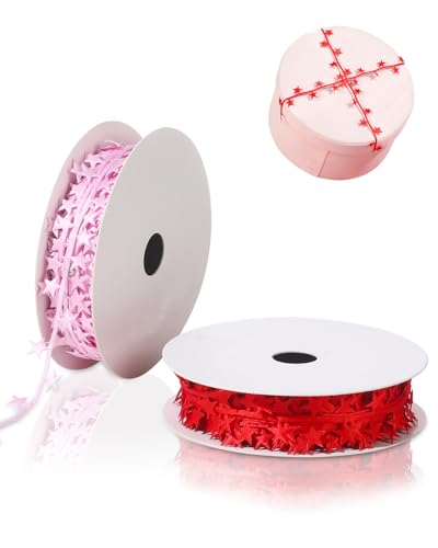 2 Rollen 20 Meter glitzernde Sterne geprägte Bänder Glitzer Nähen Spitzenborte Band Satinstoff DIY Handwerk für Geschenkverpackungen Girlande Geburtstag Hochzeit Valentinstag Babyparty Party (Rot von Pineraap