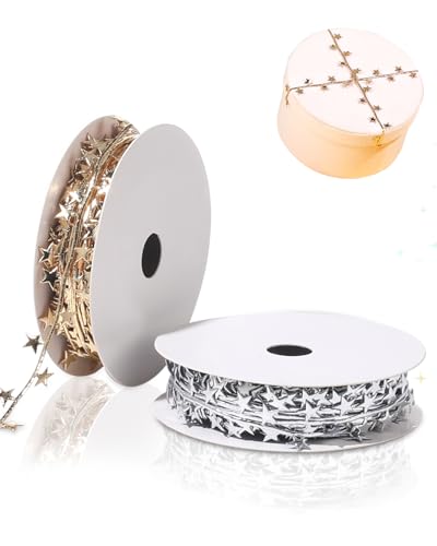 2 Rollen 20 Meter glitzernde Sterne geprägte Bänder Glitzer Nähen Spitzenborte Band Satinstoff DIY Handwerk für Geschenkverpackungen Girlande Geburtstag Hochzeit Valentinstag Babyparty Party (Gold von Pineraap