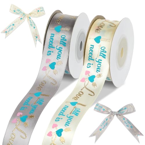 2 Rollen 20 Yards Bastel-Satinband, 2,5 cm breites Geschenkband für Kuchenverzierung, festliche Dekorationen, DIY Handwerk - Love Print Stoffband für Partys, Hochzeiten & besondere Anlässe von Pineraap