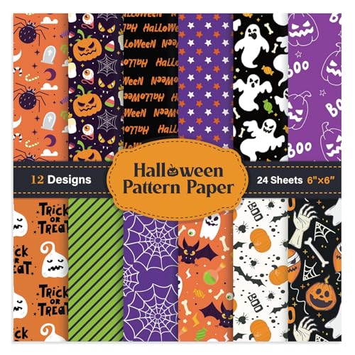 Pineraap 15,2 cm Halloween-Muster Papier, 24 Blatt Kürbis Fledermaus Geist Spinnennetz Scrapbook Papier einseitig Urlaub Bastelpapier für Kartenherstellung Journaling Supplies Fotoalbum Party Dekor von Pineraap