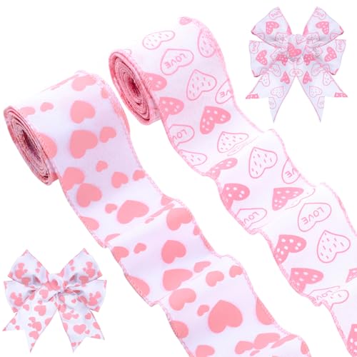 Pineraap 2 Rollen 12 Meter Valentinstag Drahtrand 6,3 cm Love Pink Heart Printed Ribbon Valentines dekoratives Stoffband für DIY Handwerk Schleifen Hochzeit Jahrestag Urlaub Geschenkverpackung von Pineraap