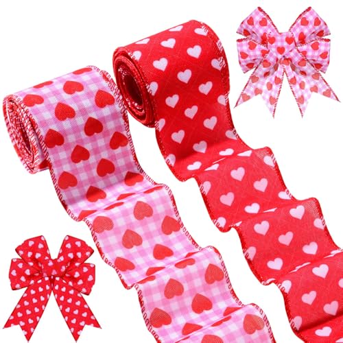 Pineraap 2 Rollen 12 Meter Valentinstag Drahtrand 6,3 cm Love Red Heart Printed Ribbon Valentines dekoratives Stoffband für DIY Handwerk Schleifen Hochzeit Jahrestag Urlaub Geschenkverpackung von Pineraap