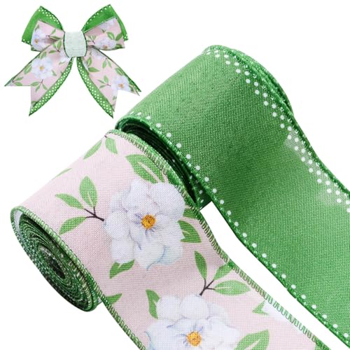 Pineraap 2 Rollen 9,1 m Vintage Floral Drahtrand 6,3 cm Gardenie Blume bedrucktes Stoffband Frühling Sommer dekoratives Bastelband für Geschenkverpackungen Schleife Kranz Herstellung Party von Pineraap