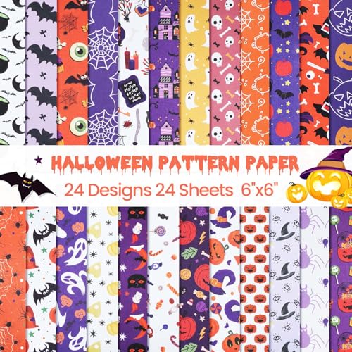 Pineraap 24 Designs Halloween Muster Papier, 6 Zoll Kürbis Fledermaus Spinne Geist Scrapbook Papier einseitig Orange Lila DIY Bastelpapier für Kartenherstellung Fotoalbum Party Dekor - 24 Blatt von Pineraap