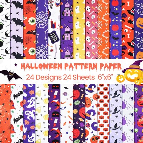 Pineraap 24 Designs Halloween Muster Papier, 6 Zoll Kürbis Fledermaus Spinne Geist Scrapbook Papier einseitig Orange Lila DIY Bastelpapier für Kartenherstellung Fotoalbum Party Dekor - 24 Blatt von Pineraap