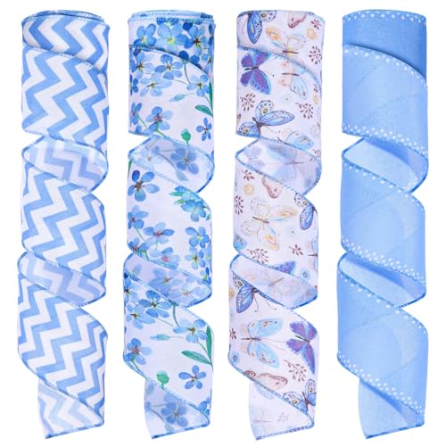 Pineraap 4 Rollen 20 Meter blaues Blumen- und Schmetterlingsband mit Drahtrand, 6,3 cm, gewellt, gemustert, Stoffband, Frühlingsdeko, Bastelband für Geschenkverpackungen, Kranz, Schleifen, Hochzeit, von Pineraap