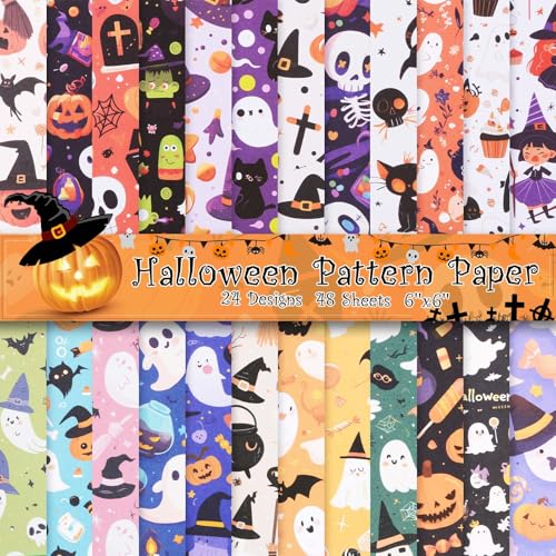 Pineraap 48 Blatt Halloween Scrapbook Papier, 15,2 cm Kürbis Geist Fledermaus Katze Muster Papier einseitig Urlaub Bastelpapier für Kartenherstellung Journaling Fotoalbum Party Dekor - 24 Designs von Pineraap