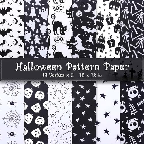 Pineraap Doppelseitiges Halloween-Scrapbook-Papier, 30,5 cm, Kürbis, Fledermaus, Hexe, Geist, Spinnennetz-Muster, Papier, 24 Blatt, schwarz-weiß, dekoratives Bastelpapier für Kartenherstellung, von Pineraap