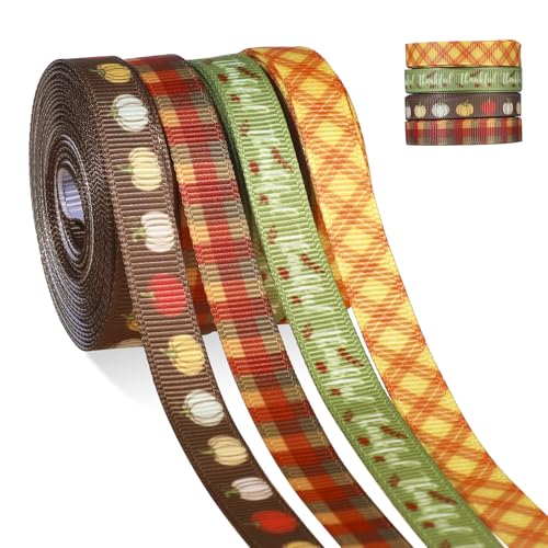 Ripsband für Bastelarbeiten, Herbst, Erntedankfest, Kürbis, kariert, Gingham, Geschenkband, 4 Rollen, 0,9 cm breit, 20 Meter für Schleifen, Herbsternte von Pineraap