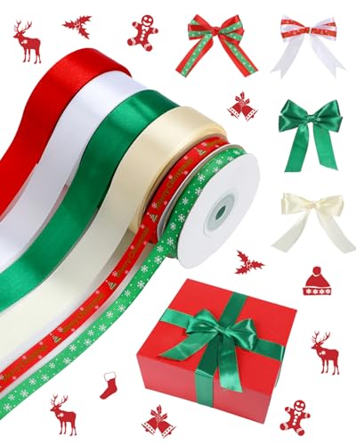 Weihnachtsband-Set, 1 Zoll & 3/8 Zoll Rot und Grün Satinband, Weihnachten Dünnes Band zum Verpacken, Basteln Nähen, Haarschleife Clip Zubehör, DIY Neujahr Weihnachtsdekorationen von Pineraap