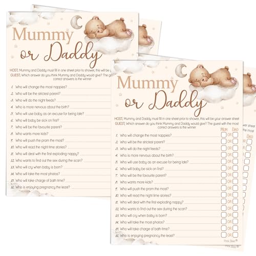 Pink Bee Party Mummy or Daddy Baby Shower Spiel im Teddybär-Thema – 40 Spieler von Pink Bee