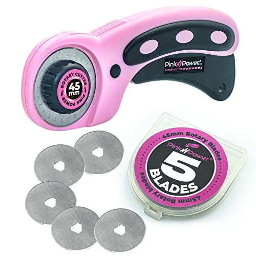 Pink Power Rollschneider-Set mit ergonomischem Griff, Stoffschneider-Rad zum Nähen, Quilten, Basteln und Scrapbooking und 45 mm Rollschneiderklinge (mit 5er-Packung Rollschneiderklingen) von Pink Power