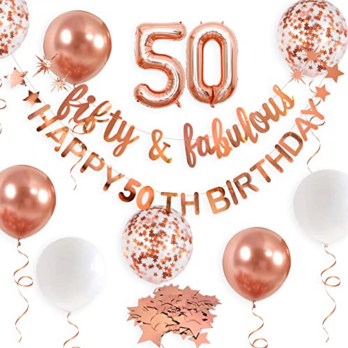 Rotgold Fifty & Fabulous Happy 50th Birthday Banner Girlande Folienballon 50 für Damen 50. Geburtstag Dekorationen zum 50. Geburtstag zum Aufhängen 50 und fabelhaften Prost bis 50. Geburtstag Party von PinkBlume