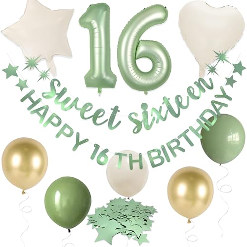 Sage Green Sweet Sixteen Happy 16th Birthday Banner Girlande Folienballon 16 für Sweet 16 Dekorationen 16. Geburtstag Dercorations für Mädchen Cheers to 16 Years 16 and Fabulous Party Backdrop von PinkBlume