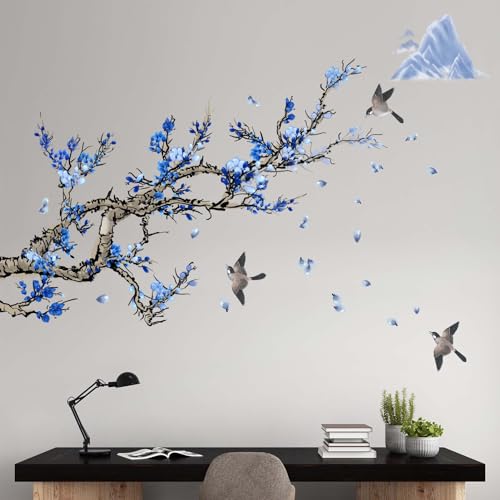 PinkEleph Blaue Aquarell Kirschblüte Blume Wandtattoos - Blumen Vögel Baum Zweig Kirschblüte Wandaufkleber - Wohnzimmer Schlafzimmer TV Sofa Hintergrund Familie Wanddekoration Wall Decals von PinkEleph