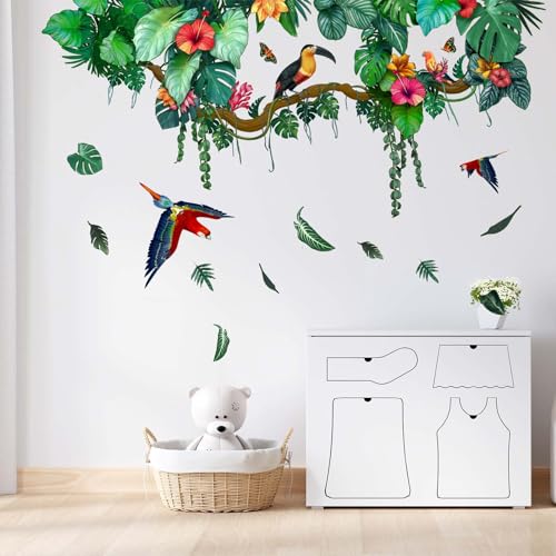 PinkEleph Tropische Blätter Wandtattoos - Natur hängende Rebe Palme Blatt Pflanzen Blumen Vögel Wandabziehbilder - Schlafzimmer Wohnzimmer Sofa Hintergrund Haus Wanddekoration Wall Stickers von PinkEleph