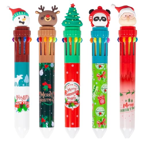 PinkSheep Niedliche Cartoon Weihnachten Multicolor Kugelschreiber 0,7mm, 10-in-1 farbige einziehbare Kugelschreiber für Bürobedarf Studenten Kinder Geschenk, 5 Count von PinkSheep