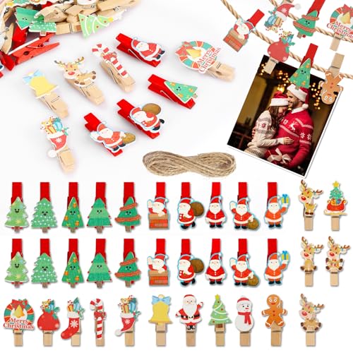 35 Stück Weihnachten Holzklammern Klein Fotoklammern, Mini Wäscheklammern Fotoclips mit Süßen Christmas Figuren, Clip Deko für Postkarten Geschenkanhänger Adventskalender, Fotowänden, Papiertüten von Pinkswan