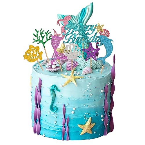 Pinsheng 7 Stück Kuchendekoration Meerjungfrau Kuchenaufsätze Glitzer Meerjungfrau Torten Deko, Ocean Theme Kuchendekoration für Kinder Mädchen Babydusche Kuchen Dekor von Pinsheng