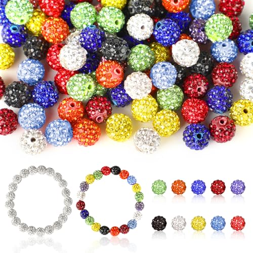 100 Stück 10 mm Strassperlen zum Basteln, 10 gemischte Farben, Polymer-Ton-Perlen, runde Discokugel-Ton-Perlen, ausgefallene funkelnde Kristall-Ton-Perlen für Halsketten, Armbänder, Ohrringe, von Pinsit