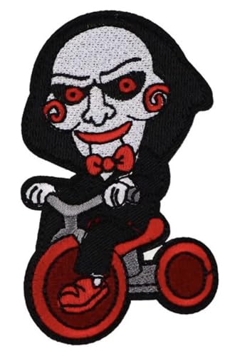 Saw Jigsaw Billy The Puppet Maske Dreirad Horrorfilm 9,9 cm bestickter Aufnäher zum Aufbügeln für Kleidung von Pinstant