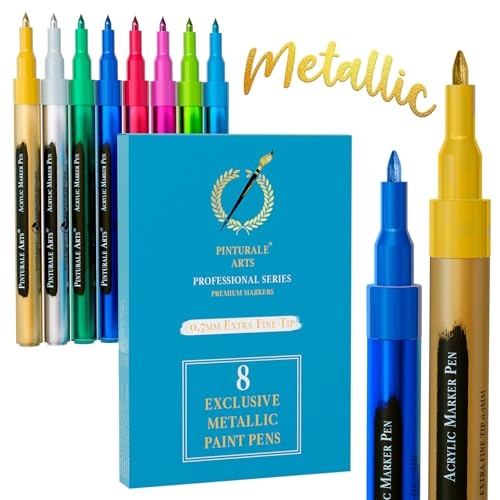 Pinturale Arts® 8er Set Metallic Marker Stifte für Steine, Metall, Stoff, Keramik, Holz, Glas, Scrapbook, Fotoalbum | Acrylstifte Metallic Auf Feiner Spitze 0,7mm von Pinturale Arts