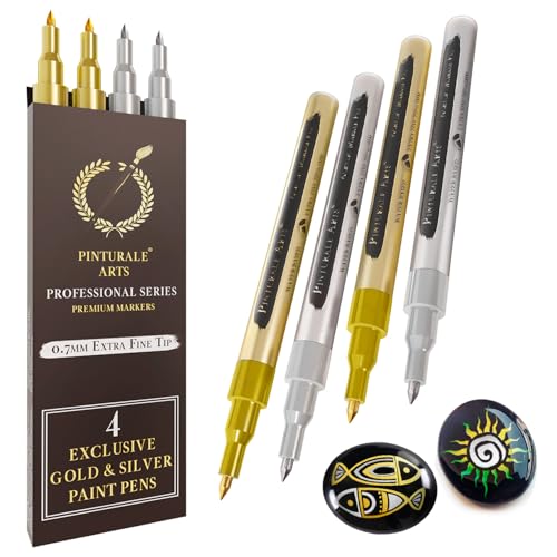 Pinturale Arts Set 4 Metallic Gold und Silberstift | 2 Goldstift und 2 Silberstift Metallic | Acrylstifte Feine Spitze 0,7mm | Gold Silber Stifte Für Holz, Glas, Steine, Keramik, Metall von Pinturale Arts