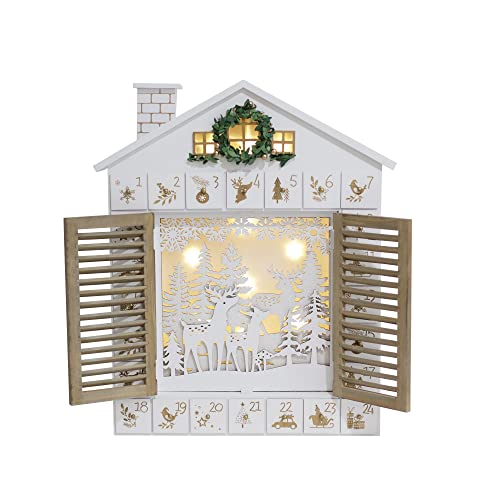 PE Holz Weihnachten Adventskalender Haus mit Jalousien und 24 Schubladen zum Befüllen Weihnachtskalender mit LED-Lichtern Rentier Wald Xmas Geschenke für Erwachsene und Kinder (weiß) von Pioneer Effort