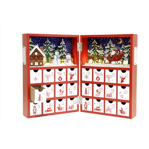 PE Weihnachten Adventskalender Buch Holz mit LEDs zum Befüllen 24 Schubladen Wiederverwendbare Weihnachten Countdown Adventskalender Weihnachtliche Dekoration Rentier Szene Kinder Erwachsene von PIONEER-EFFORT