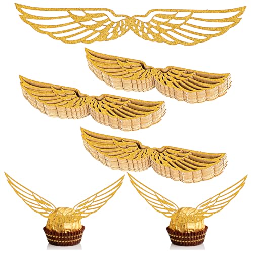 Piriuuo 100 Stück Wizard Party Schokolade Dekoration Golden Wing Cupcake Topper mit Klebepunkt Punkte Schokolade Gold Dekor Glänzende Kuchen Party Dekorationen für Geburtstag Zauberer Mottoparty von Piriuuo