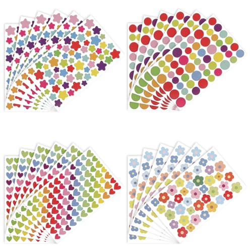 Piriuuo 1434 Stück Bunte Aufkleber für Kinder, Herz-Aufkleber Stern Aufkleber Runde Aufkleber und Blumen Aufkleber Set Kinder Belohnungssticker Selbstklebende Aufkleber für Scrapbooking (24 Blatt) von Piriuuo