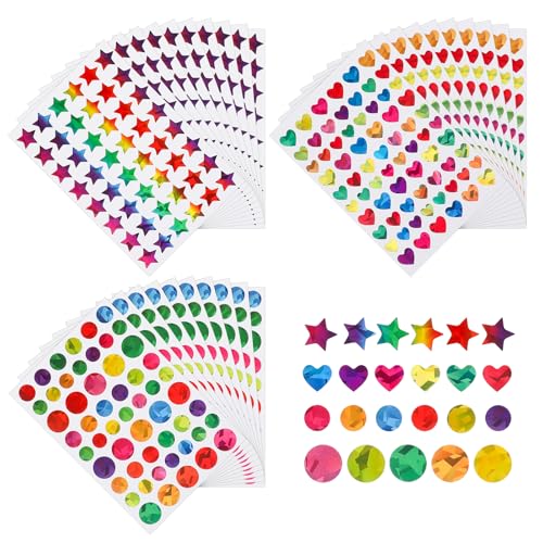 Piriuuo 1710 Stück Bunte Laser Aufkleber, Glitzer Stern Sticker Herz-Aufkleber Runde Aufkleber Set Belohnungsaufkleber für Kinder Selbstklebende Dekoaufkleber für Scrapbooking, DIY-Basteln (30 Blatt) von Piriuuo