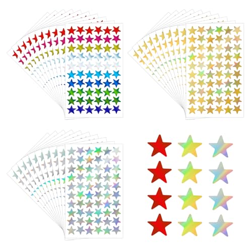 Piriuuo 1800 Stück/30 Blatt Sterne Aufkleber, Glitzer Stern Sticker Gold Silber Bunte Laser Sterne Aufkleber Kinder Belohnungsaufkleber Selbstklebende Aufkleber für Scrapbooking Dekoration DIY-Basteln von Piriuuo