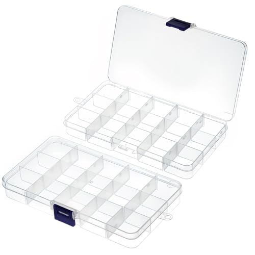 Piriuuo 2 Stück Aufbewahrungsbox, Plastik Sortierbox Perlen-Organizer mit 15 Fächern Schmuck-Organizer-Box Sortierbox Transparente Organizer-Box mit herausnehmbaren für Perlen, Ohrringe, Basteln von Piriuuo