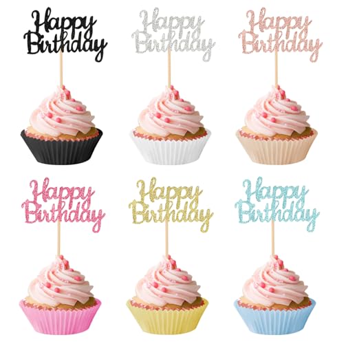 Piriuuo 24 Stück Happy Birthday Cupcake Toppers, Glitzernde Geburtstag Kuchen Topper Happy Birthday Tortendeko, Cupcake-Topper-Stäbchen zum Geburtstag für Party Cupcake Dekorationen, 6 Farben von Piriuuo