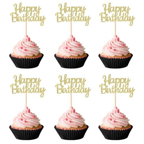 Piriuuo 24 Stück Happy Birthday Cupcake Toppers, Glitzernde Geburtstag Kuchen Topper Happy Birthday Tortendeko, Cupcake-Topper-Stäbchen zum Geburtstag für Party Cupcake Dekorationen, Gold von Piriuuo