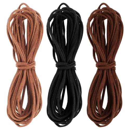 Piriuuo 3 Rollen Lederschnur, 10m x 3mm Flaches Lederband Faux Wildleder Schnur für DIY Handwerk, Schlüsselbänder, Armbänder, Halsketten, Schnürsenkel, Geschenkverpackungen (Khaki, Braun, Schwarz) von Piriuuo