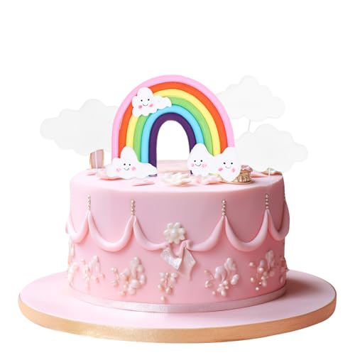 Piriuuo 4 Stück Regenbogen und Wolken Kuchen Topper Set, 1 Stück Extra Großer Regenbogen Tortendeko und 3 Stück Wolke Kuchendeko Wolke Regenbogen Cake Topper aus Polymerton für Jungen und Mädchen von Piriuuo