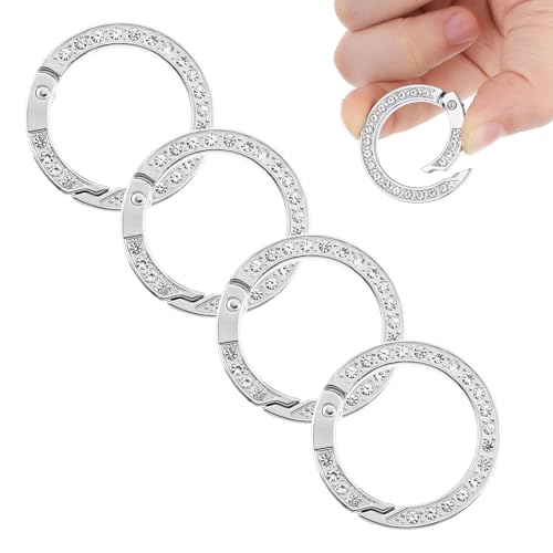 Piriuuo 4 Stück Strass-Feder-O-Ringe, 3,3 cm, glitzernd, runder Karabiner-Clip, einfacher Metall-Schlüsselanhänger-Haken, Clip, runde Karabinerhaken für Geldbörse, Handtasche, Auto, Schlüsselanhänger von Piriuuo