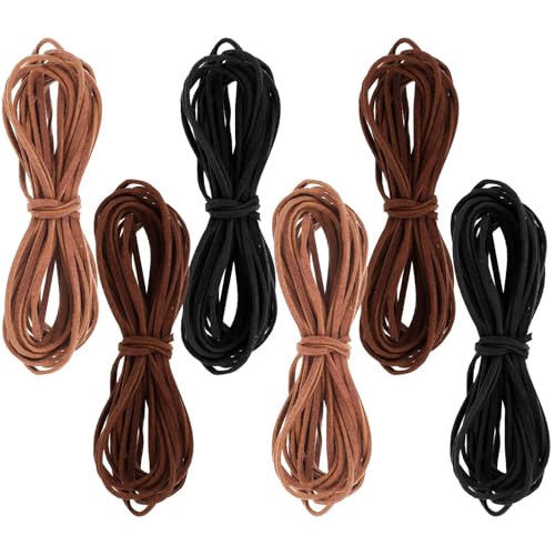 Piriuuo 6 Rollen Lederschnur, 5m x 3mm Flaches Lederband Faux Wildleder Schnur für DIY Handwerk, Schlüsselbänder, Armbänder, Halsketten, Schnürsenkel, Geschenkverpackungen (Khaki, Braun, Schwarz) von Piriuuo