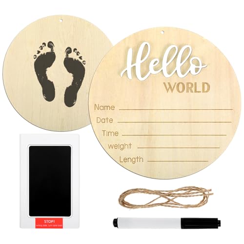 Piriuuo Baby Ankündigungsschild Set, 5,8 Zoll Baby Namensschild Doppelseitiges Willkommen Baby Schild mit Stempelkissen für Baby Hand und Fußabdrücke Holz Hello World Neugeborenes Schild für Foto Prop von Piriuuo