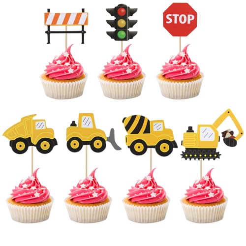 Piriuuo Cupcake-Topper für Bau, Ampel, Stoppschild, Kipplaster, Bagger, Traktor, Party, Kuchen, Lebensmittel-Picker, Dekorationen für Bauthema, Geburtstag, Babyparty, Kinderpartyzubehör, 35 Stück von Piriuuo